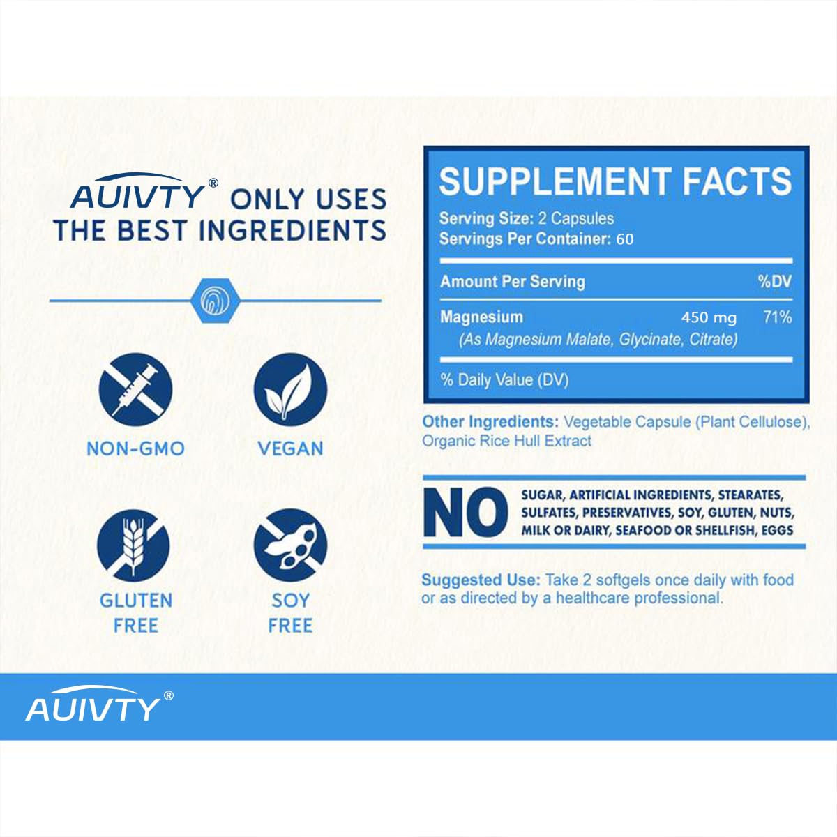 Auivty 5-in-1 Magnesium Complex 450 mg, High Absorption Magnesium Glycinate, Malate & Citrate with Vitamin B6, Muscle, Nerve & Relaxation Support, Capsules, 120