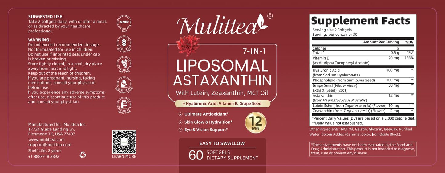 Mulittea Astaxanthin Supplements 12mg Capsules 60 Count