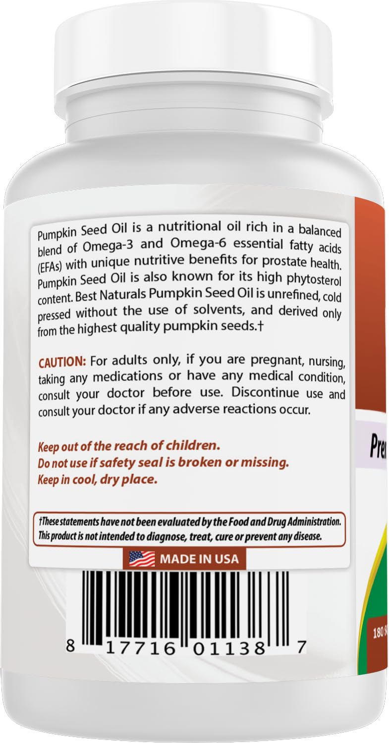 Best Naturals Pumpkin Seed Oil Bladder Control 1000 mg Softgels 180 Count