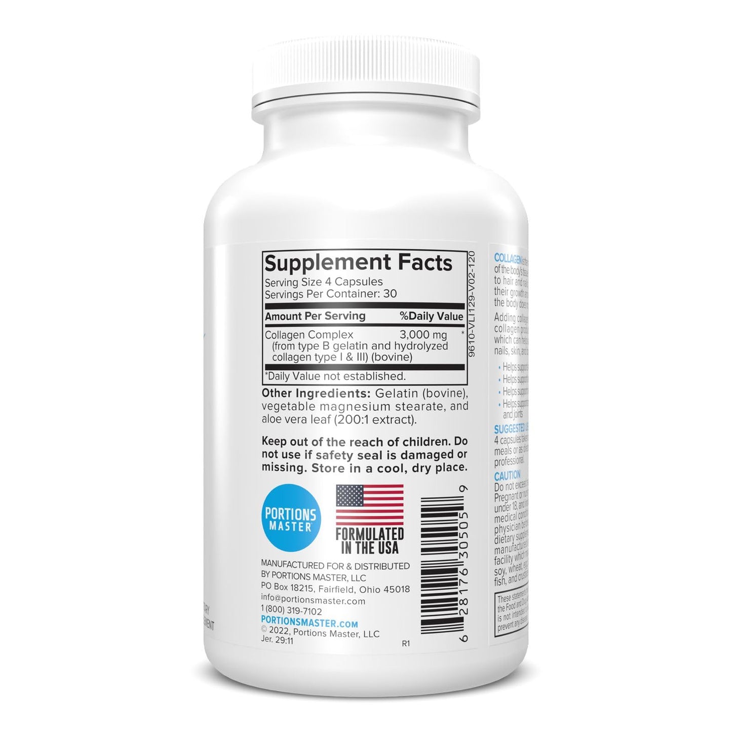 Portions Master Collagen Complex 3000mg, Hydrolyzed Bovine Type I & III, Non-GMO, Anti-Aging, Joint, Hair & Nail Support, 120 Capsules