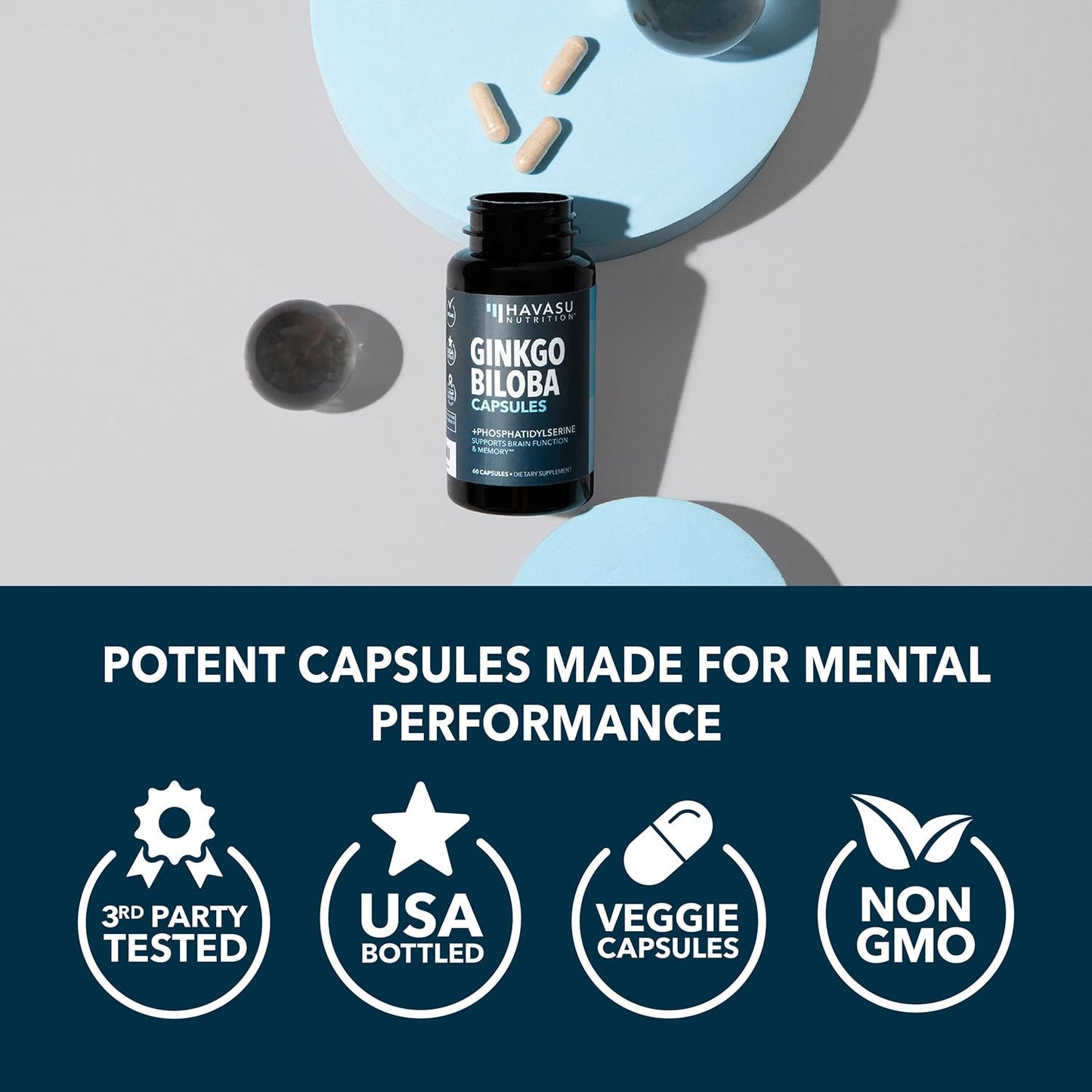HAVASU NUTRITION Ginkgo Biloba 120mg with Phosphatidylserine Nootropic Supplement Capsules, 60 Count