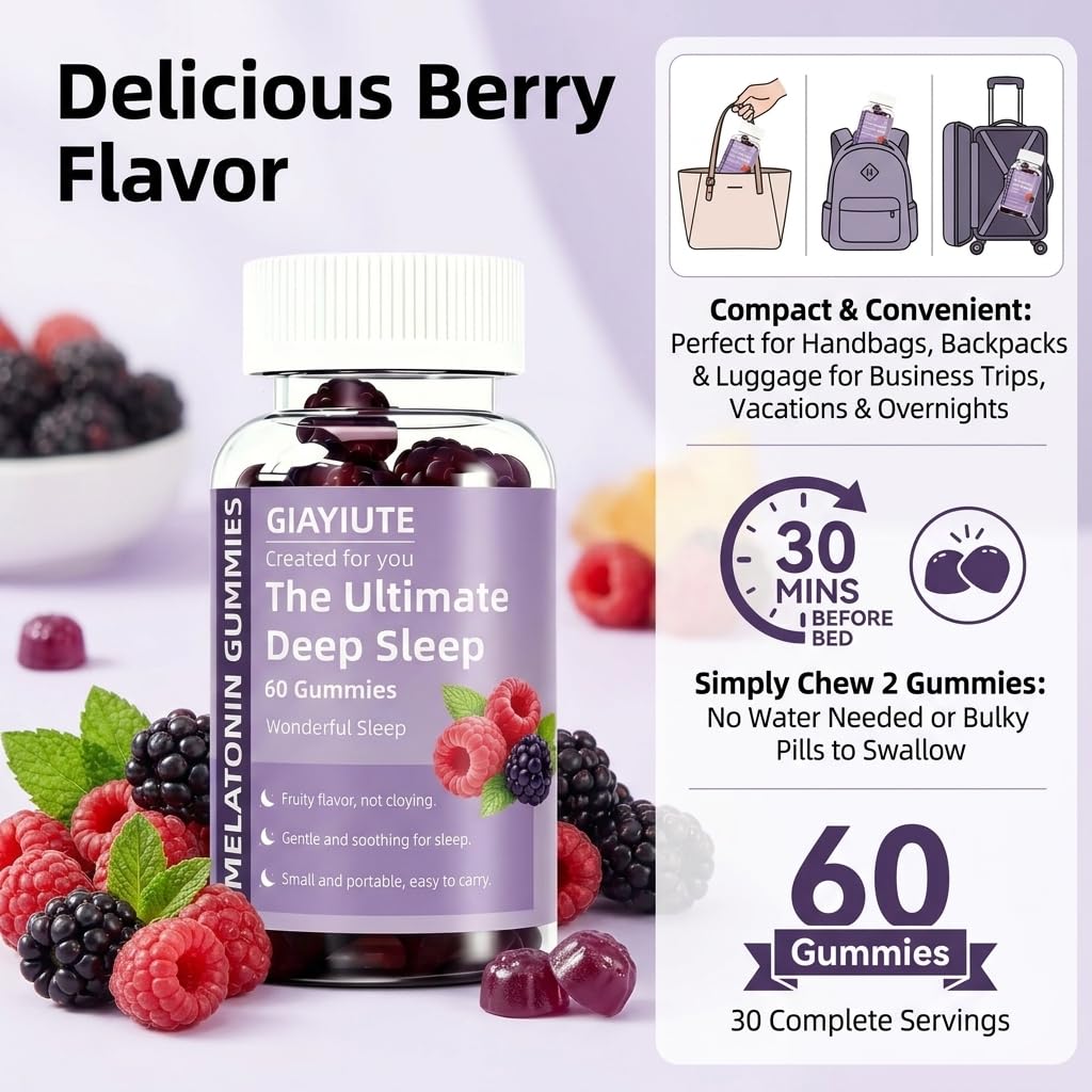 Giayiute Melatonin 4mg Gummies with L-Theanine, GABA, Lemon Balm & Magnesium – Deep Sleep Support, Vegan Gluten Free Chewable Sleep Gummy for Adults, Jet Lag Relief, 120 Gummies