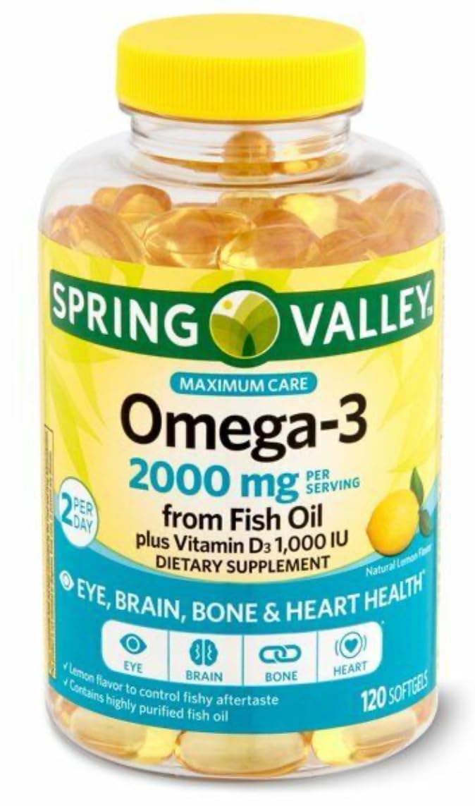 Spring Valley Omega-3 from Fish Oil 2000 mg Eye, Brain, Heart Health Lemon Softgels 180 Count