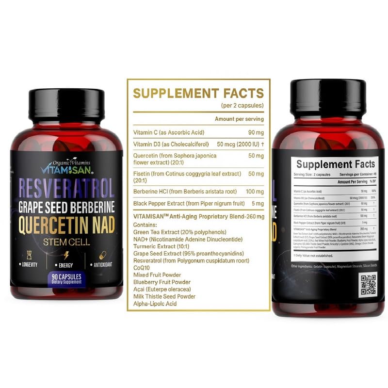 VITAMISAN Resveratrol NAD+ Quercetin Berberine & Grape Seed Antioxidant Energy Formula NMN Nicotinamide Riboside, 180 Capsules