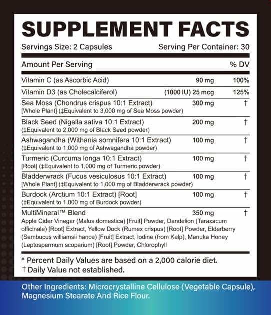 Trisundi Sea Moss Complex with Black Seed Oil, Ashwagandha & Burdock Root All-in-One Herbal Supplement with Vitamins & Minerals, 60 Capsules