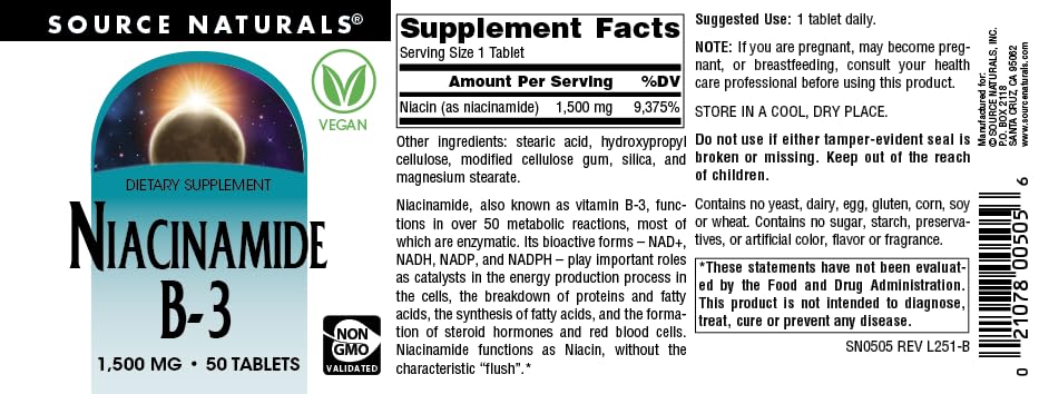 Source Naturals Niacinamide B-3, Vegan Vitamin B-3, 1500 mg, 100 Tablets