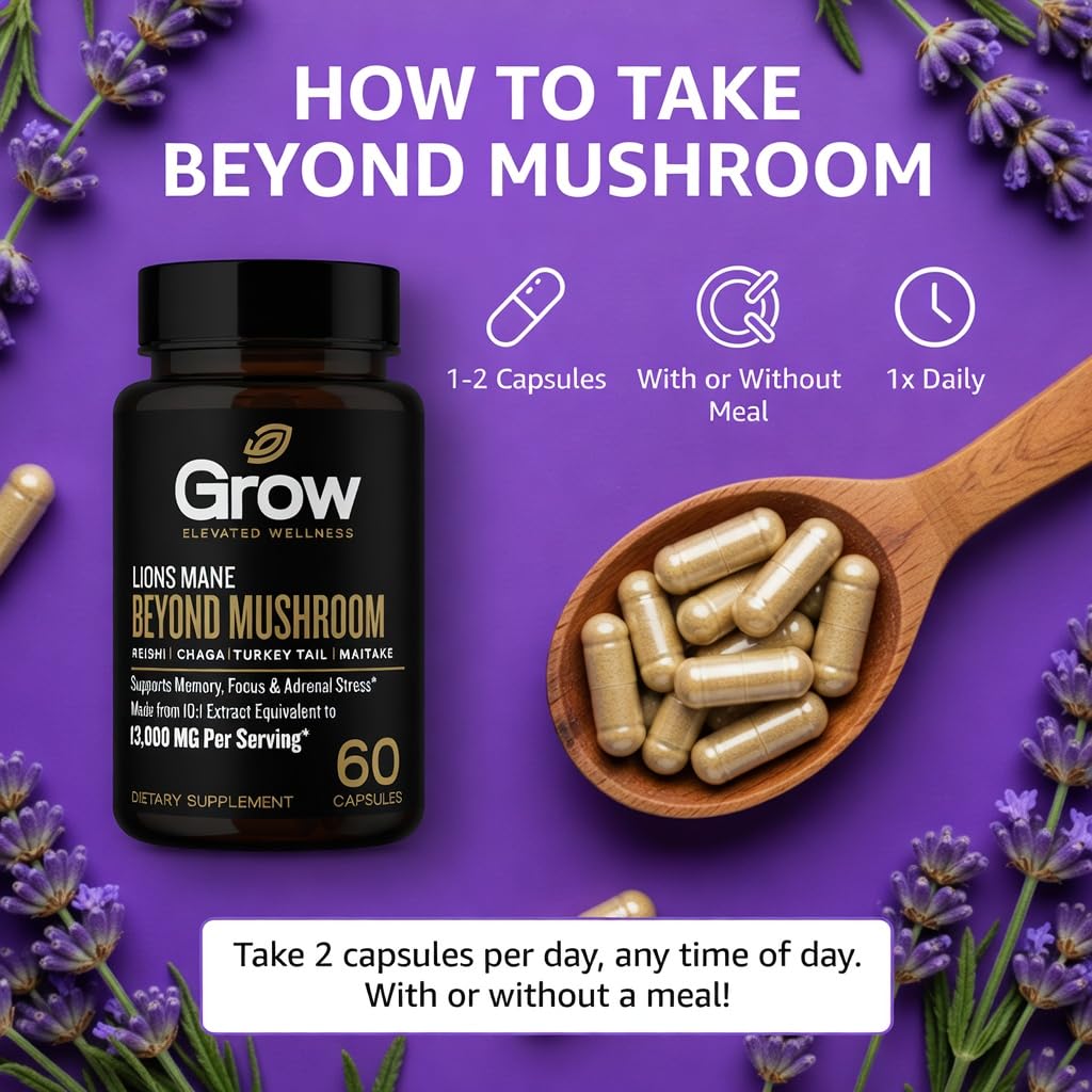 Grow Vitamin Organic Lions Mane Smart Shrooms, for Men & Women - Caffeine-Free Brain Booster, Focus Capsules for Concentration, Brain & Memory Support, 60 Capsules