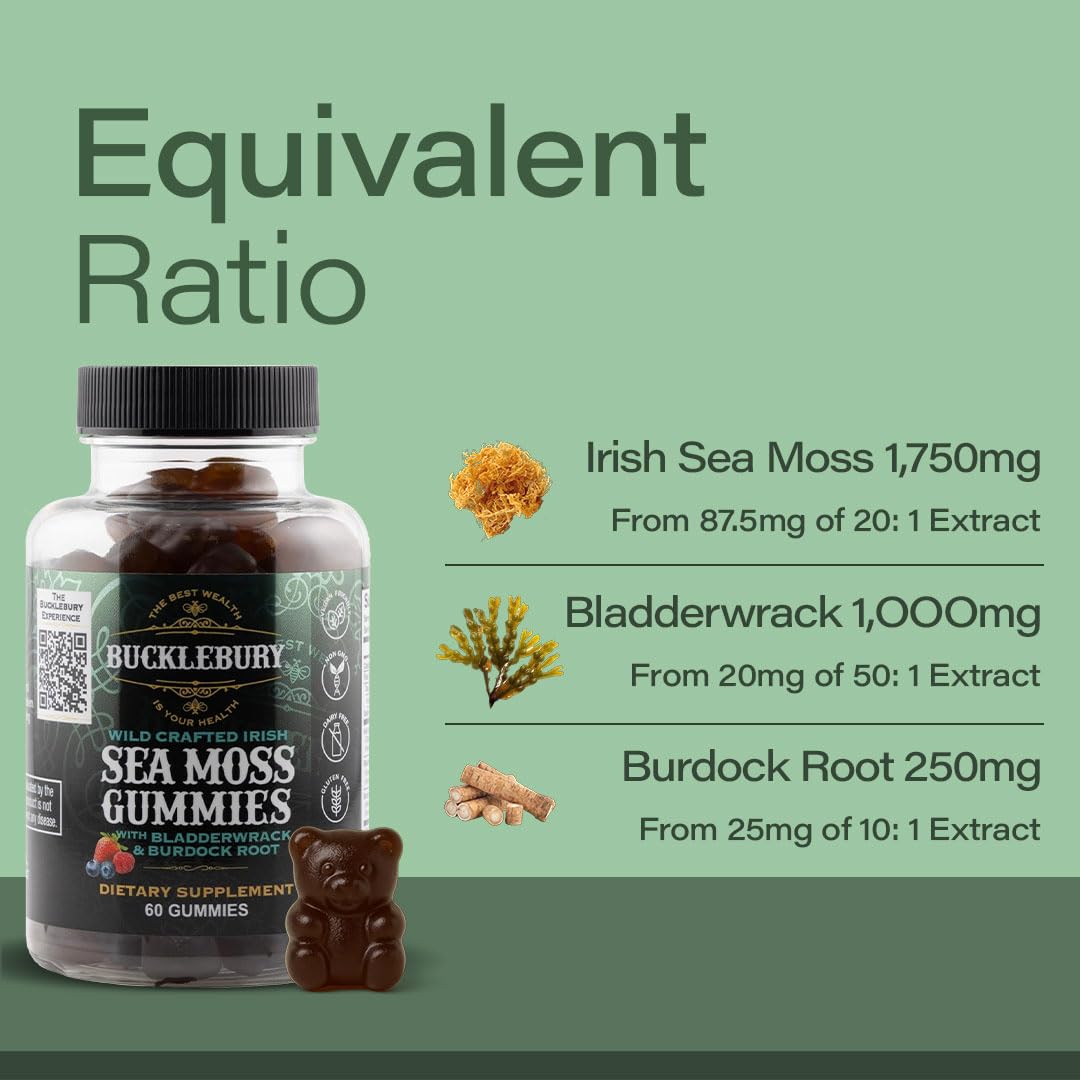 BUCKLEBURY Wild Crafted Irish Sea Moss Gummy with Bladderwrack & Burdock Root Multivitamin, Vegan 60 Count