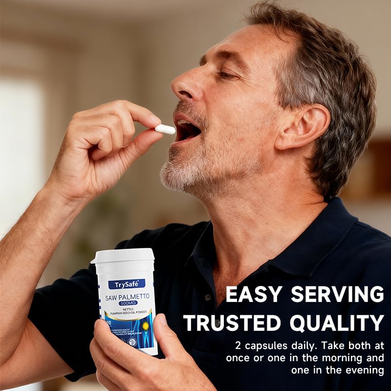 TrySafe 7-in-1 500mg Saw Palmetto for Men Prostate Health with 200mg Nettle and 200mg Pumpkin Seed Oil, 60 Capsules