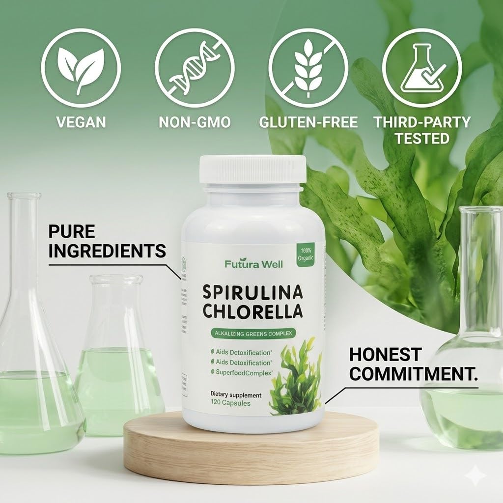 Galriva Organic Spirulina & Chlorella Capsules with Chlorophyll, Green Food Complex, 60 Capsules