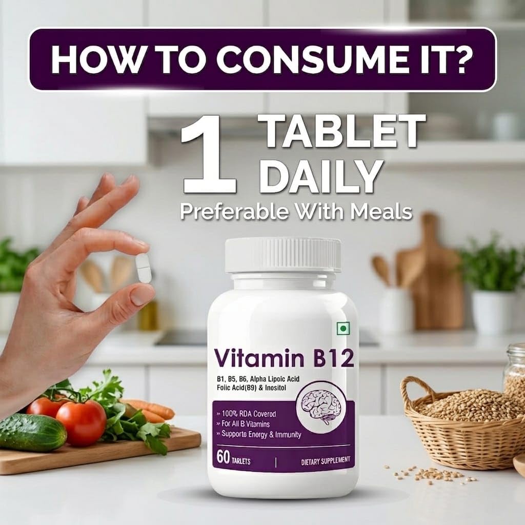 Generic Vitamin B12 with B1, B5, B6, B9 (Folic Acid), Alpha Lipoic Acid ALA & Inositol Supplements, 60 Tablets