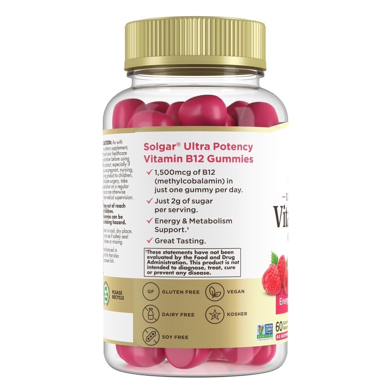 Solgar Methyl B12 Gummies for Adults 1,500mcg Ultra Potency Vitamin for Energy & Metabolism Support, Raspberry Flavor, Vegan & Gluten-Free, 60 Gummies