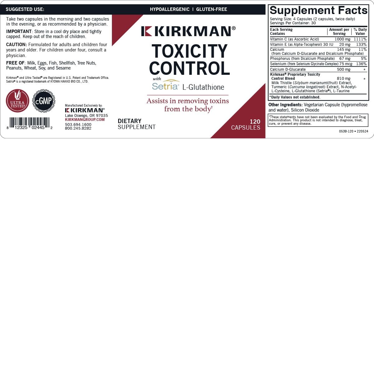 Kirkman Toxicity Control Detox Supplement with Setria L-Glutathione Capsules 120