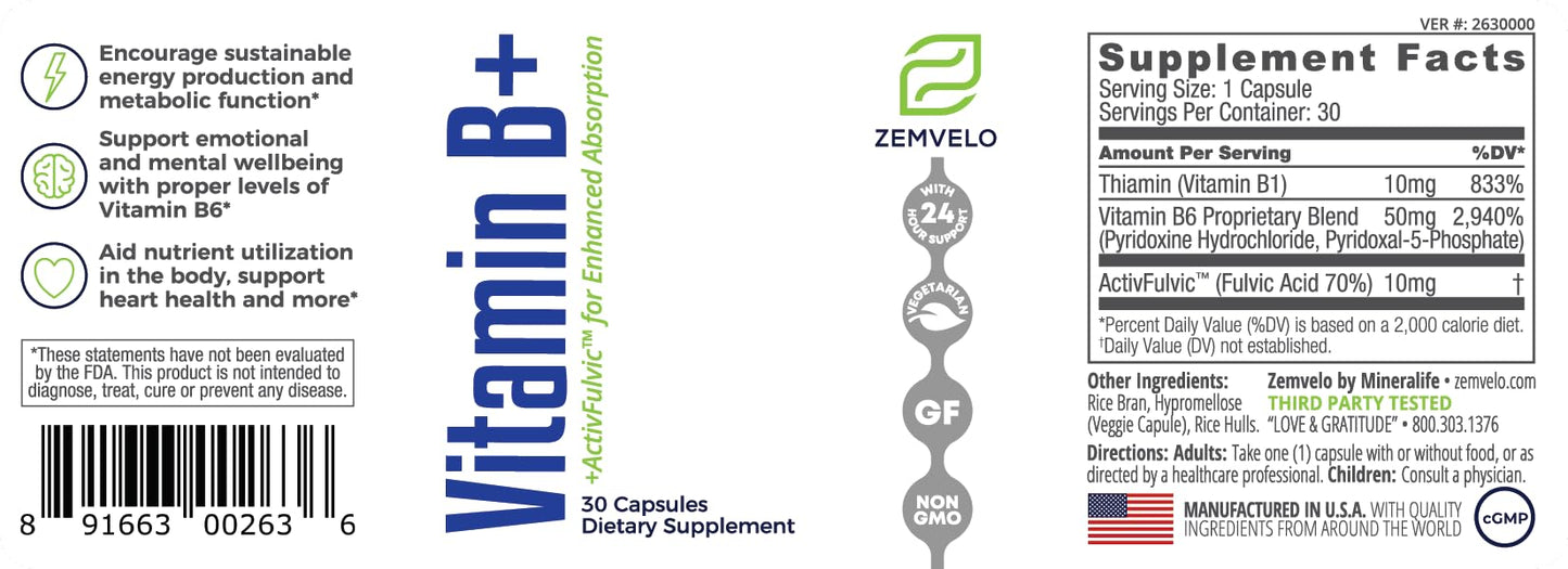 Zemvelo Vitamin B+ Capsule 30 Count