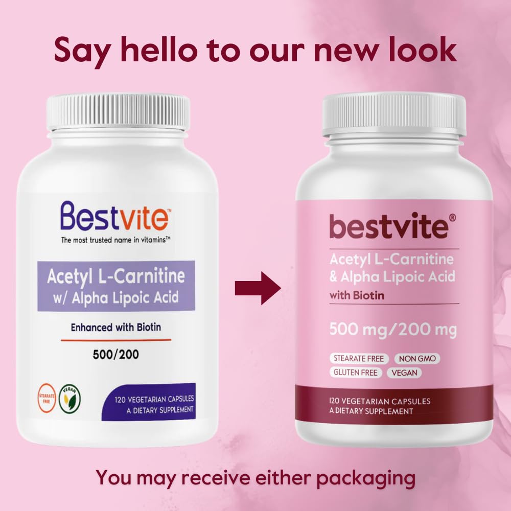 BESTVITE Acetyl L-Carnitine 500mg & Alpha Lipoic Acid 200mg per Capsule with Biotin, Capsules, 240