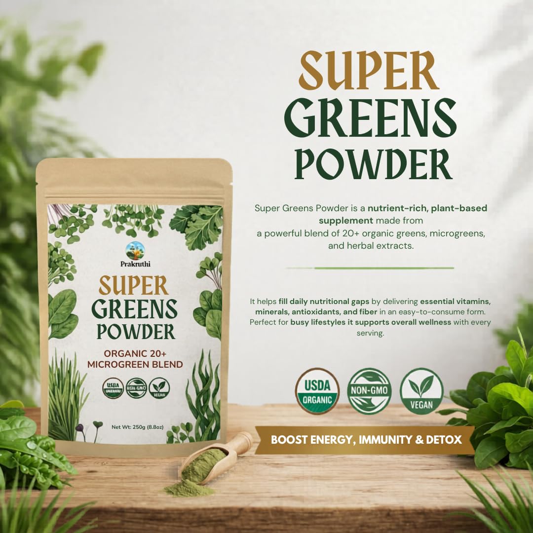 Prakruthi Super Greens Powder 8.8 oz Organic 20+ Microgreen Powder
