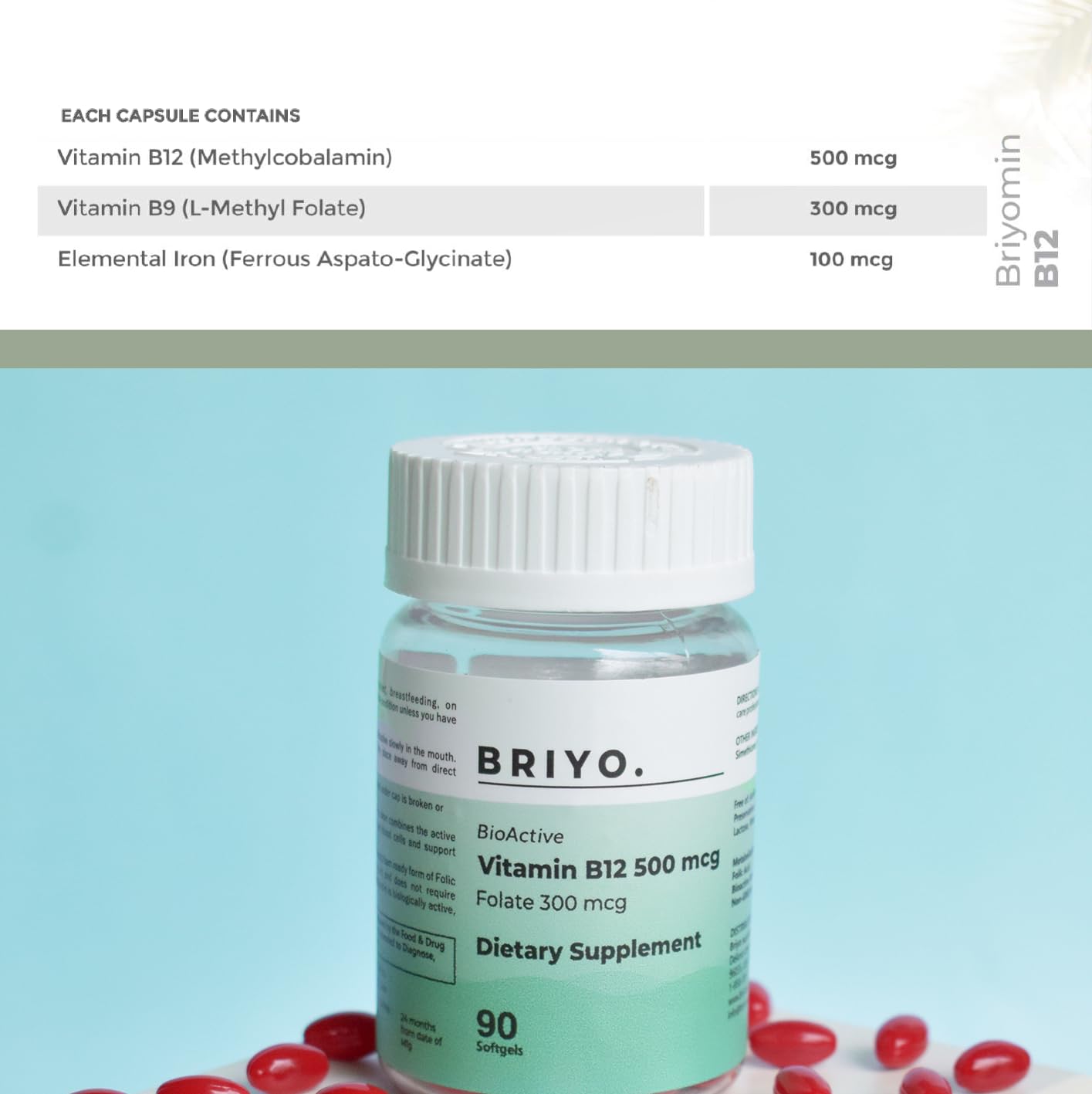 Briyo Vitamin B12 500 mcg (methylcobalamin) with Folate (methylfolate) Softgels 90 Count