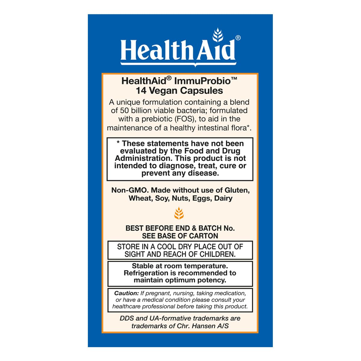 HealthAid ImmuProbio Once-Daily 50 Billion CFU Probiotic with Prebiotic Fiber (FOS), 30 Strains Including DDS-1, Acid & Bile Resistant, Room-Temperature Stable, Vegan, 14 Capsules