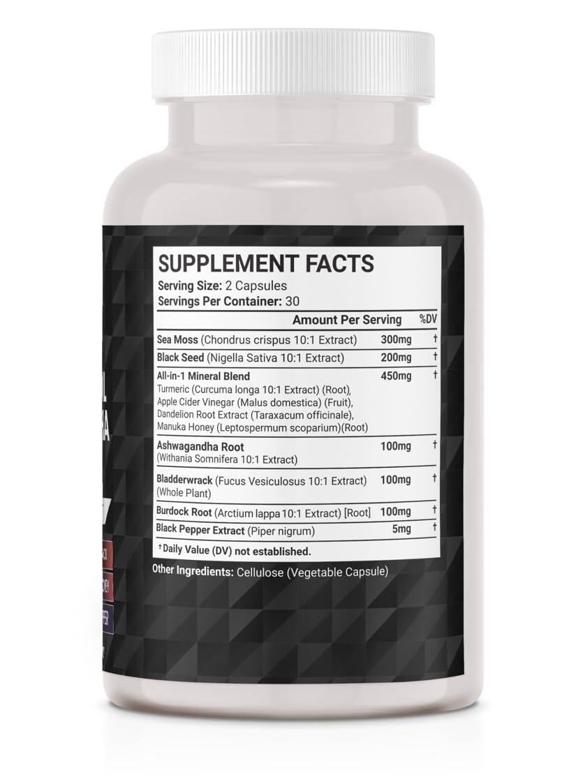 JB Wellness Co Sea Moss Black Seed Oil Ashwagandha Turmeric Bladderwrack Burdock with Manuka Honey Dandelion ACV Black Pepper Gluten Free Capsules 120