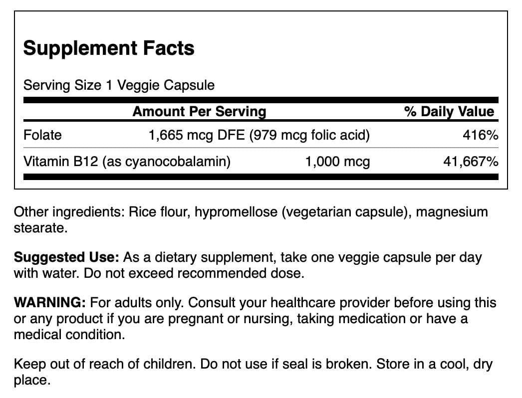Swanson Folic Acid & Vitamin B-12 Veg Capsules, 30 Capsules