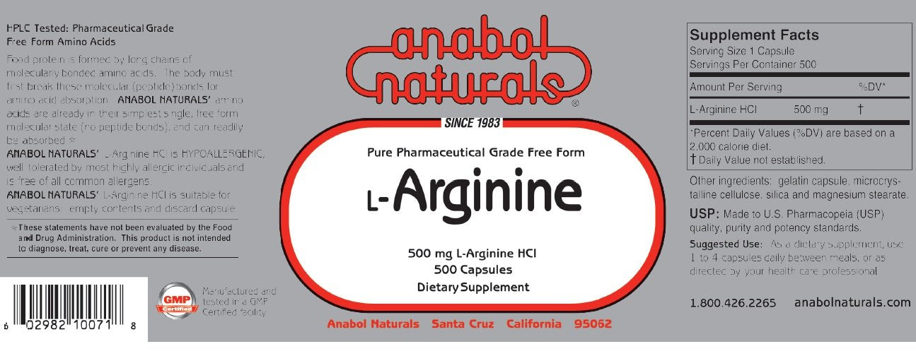 Anabol Naturals L-Arginine 500 mg Capsules, 2000 Capsules