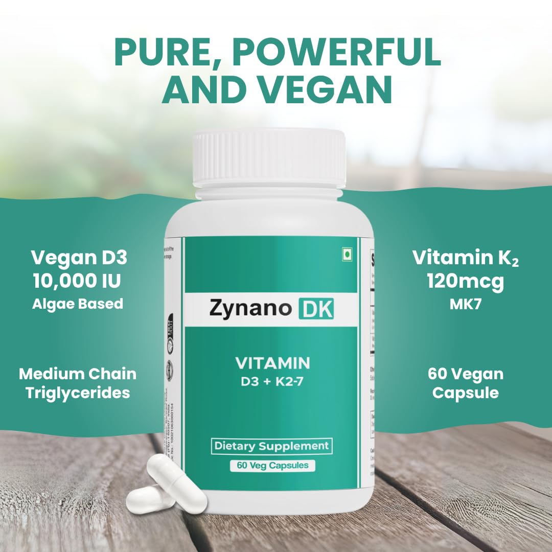 Zynano Vegan Vitamin D3 10000 IU & Vitamin K2 120 mcg with MCT Powder Capsules, 60 Count