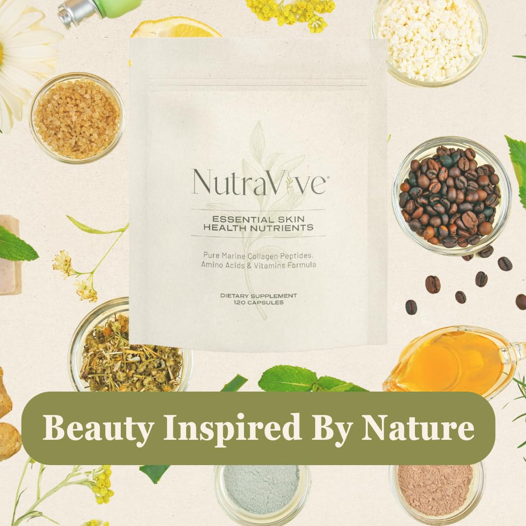 NutraVive Essential Skin Health Nutrients Hydrolyzed Morikol Marine Collagen Peptides, Amino Acids & Vitamins 120 Capsules