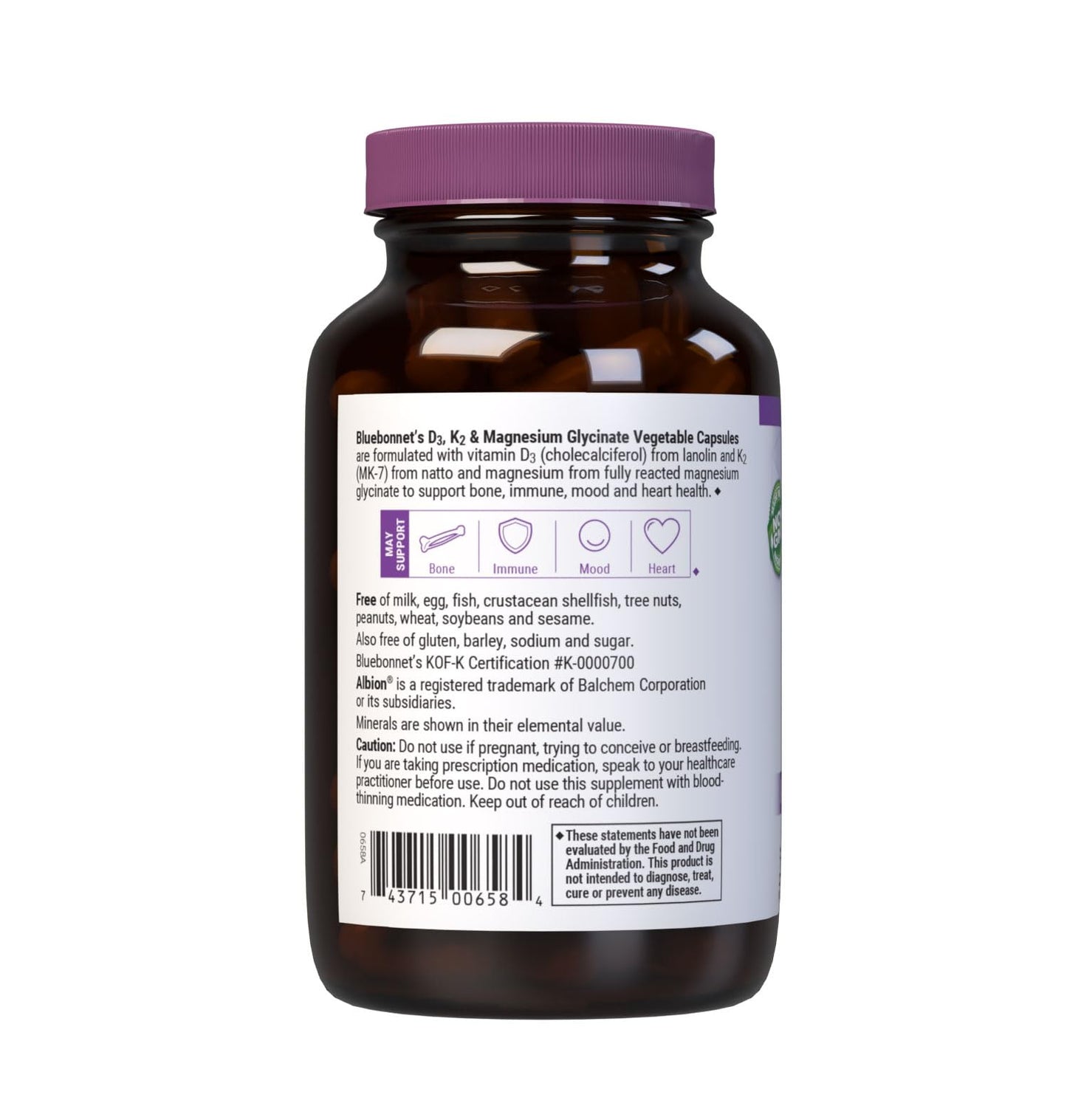 BlueBonnet Vitamin D3 50 mcg (2000 IU), K2 100 mcg, & Magnesium Glycinate 200 mg Capsules, 60 Count