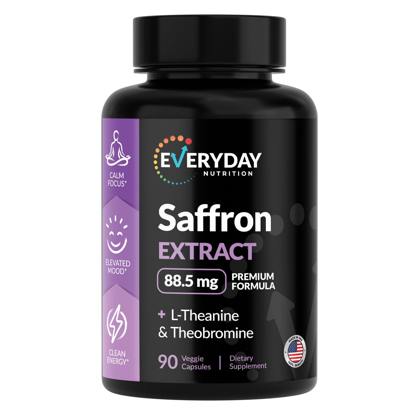 Everyday Nutrition Saffron Supplement 88.5 mg + L-Theanine & Theobromine Capsule, 90 Count