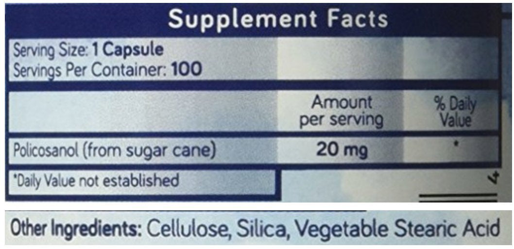 Purethentic Naturals Policosanol 20mg Veg Capsules, 100 Capsules