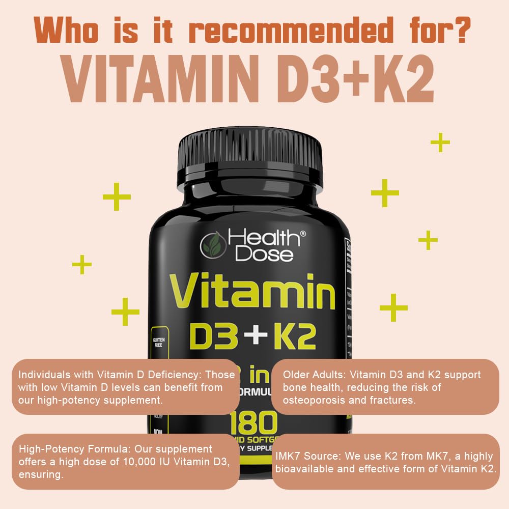 Health Dose Vitamin D3 10,000 IU + K2 (MK7) Supplement, 2-in-1 Formula, Softgels, 180