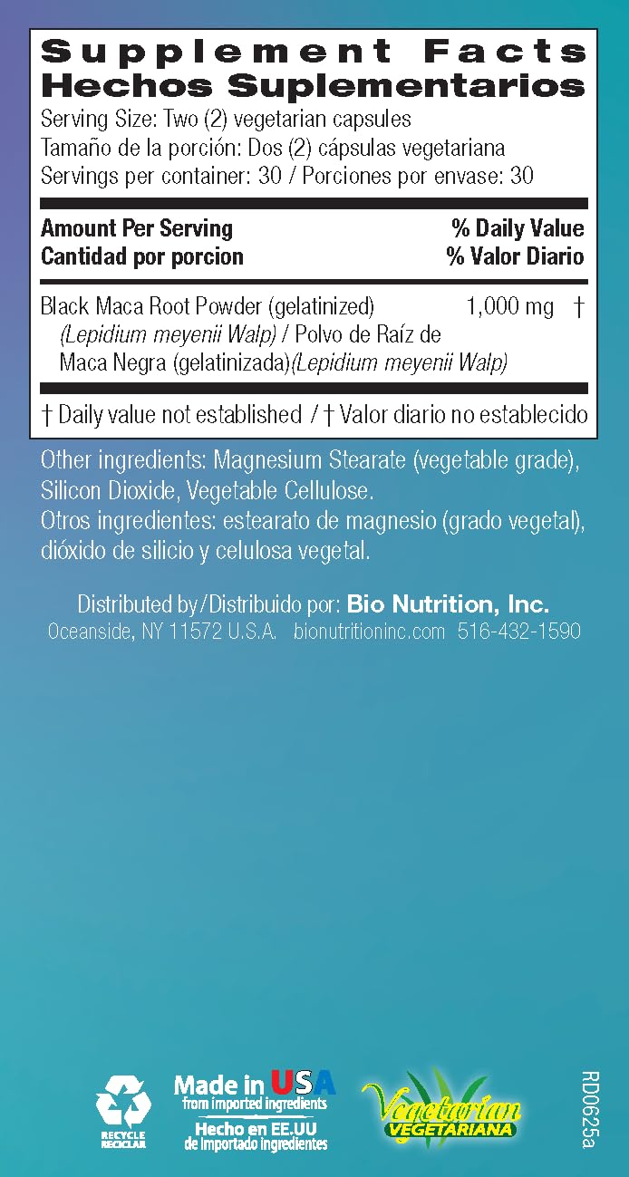 Bio Nutrition Gelatinized Black Maca, 500 mg Per Capsule, 60 Vegetarian Capsules