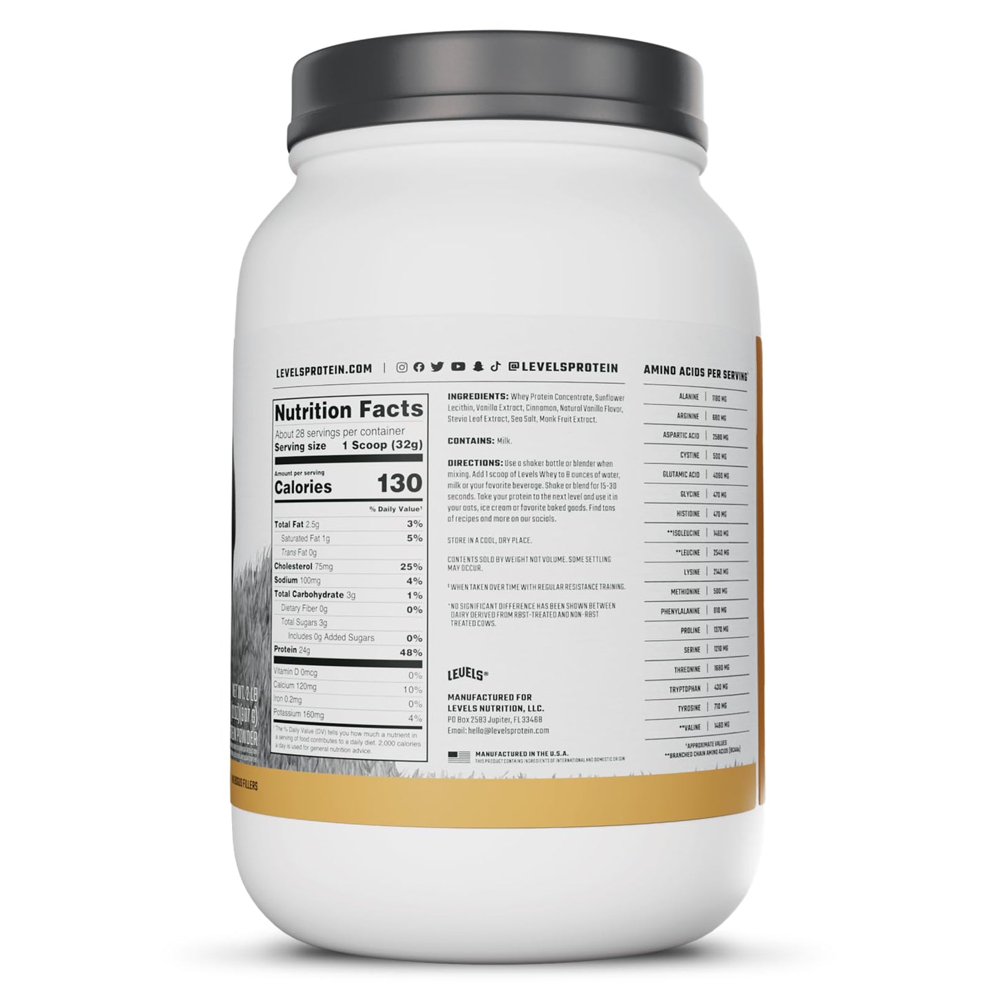 Levels Nutrition Grass Fed Whey Protein Powder Vanilla Cinnamon, 32 Servings
