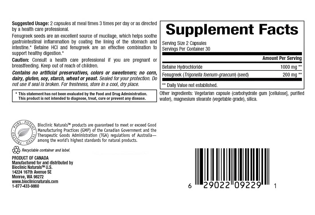 Bioclinic Naturals Betaine HCL with Fenugreek Capsules, 60 Capsules