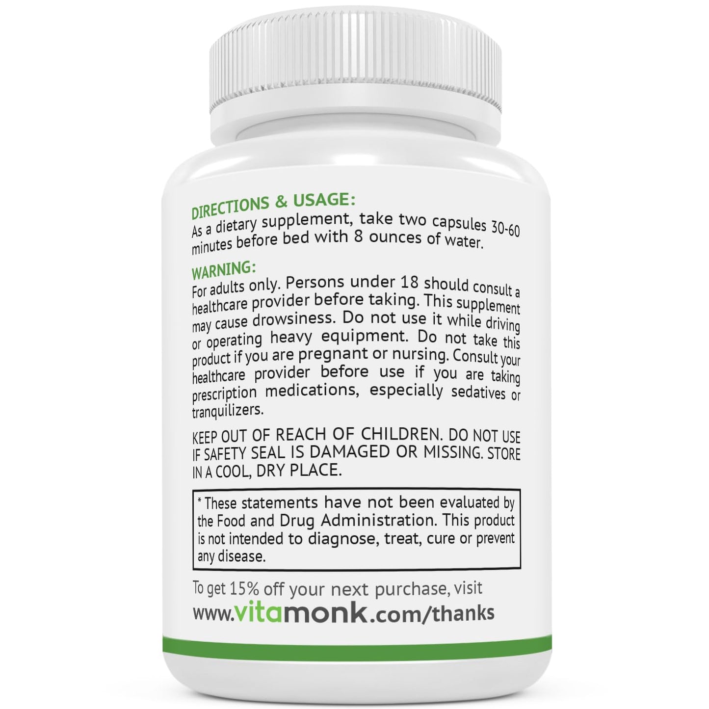VitaMonk Melatonin-Free Sleep Aid with Magnesium, GABA, Theanine, Apigenin Capsules, 60