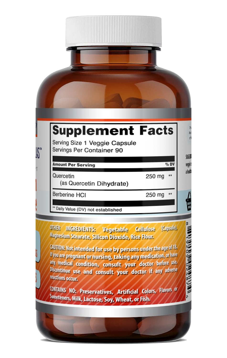 Amazing Nutrition Quercetin 250 mg & Berberine 250 mg Veggie Capsules 90 Count