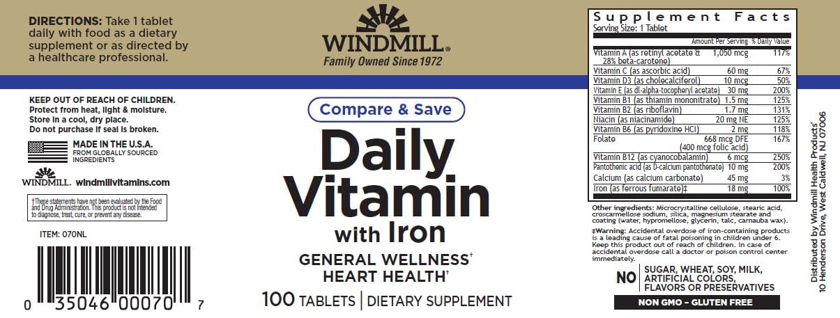 Windmill Daily Vitamin with Iron Tablet, 100 Count