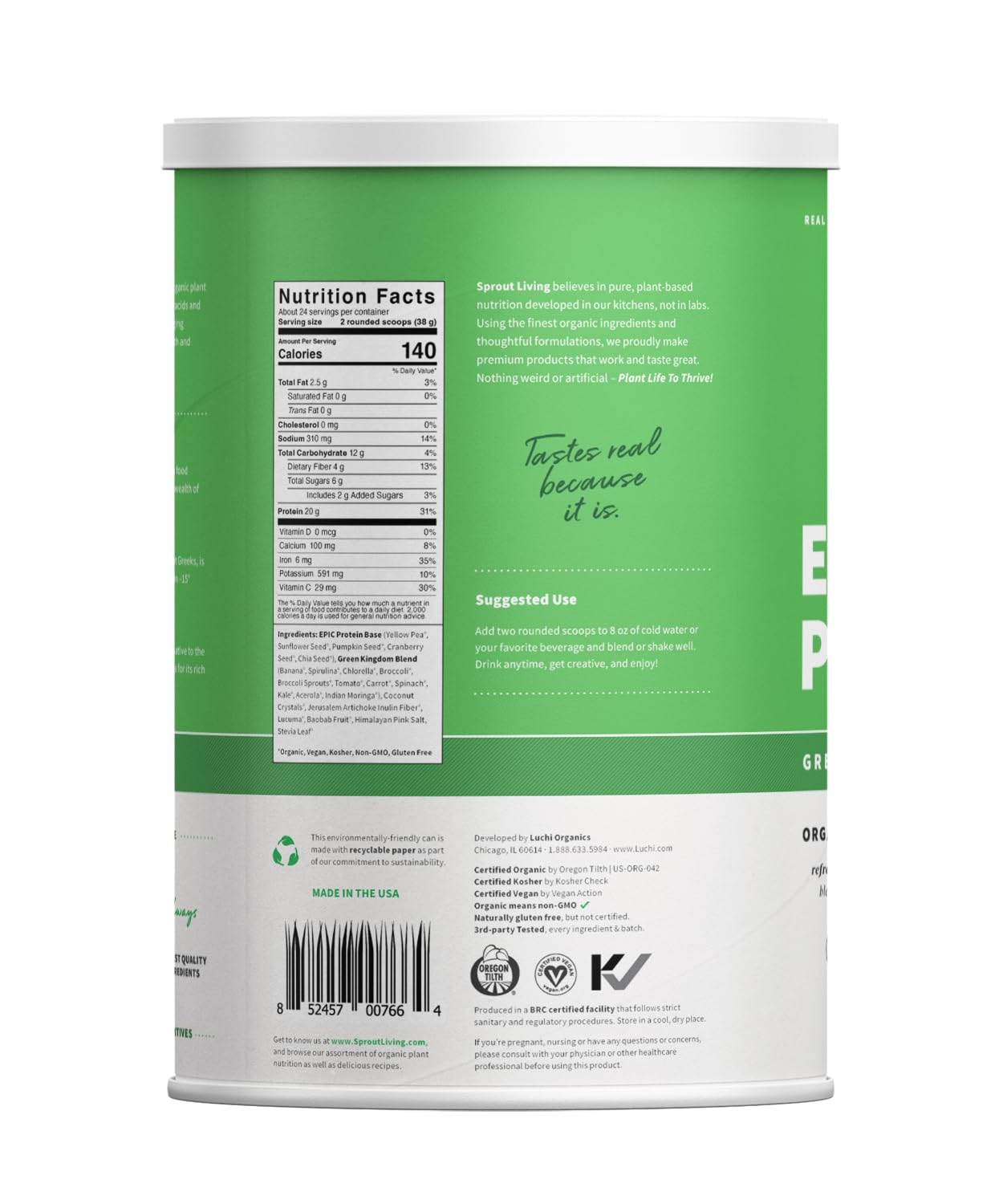 Sprout Living Epic Protein Powder, Plant Based Protein & Superfoods, 32 Servings