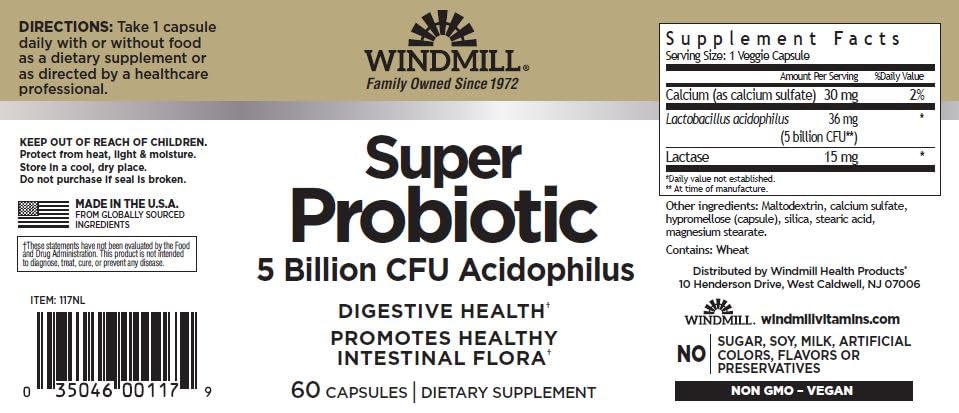 Windmill Natural Vitamins Super Probiotic Plus with Acidophilus (5 Billion CFU), 60 Capsules