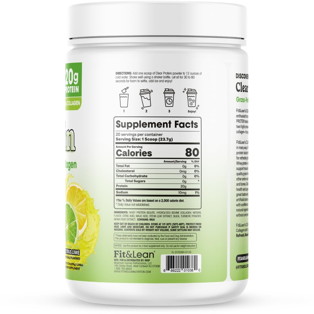 Fit & Lean Clear Protein Powder, Whey, Collagen, Citrus Lime, 16.7 oz