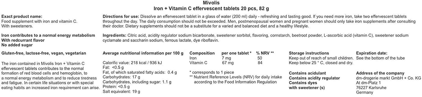 Mivolis Iron + Vitamin C Effervescent Tablets, 20 Tablets