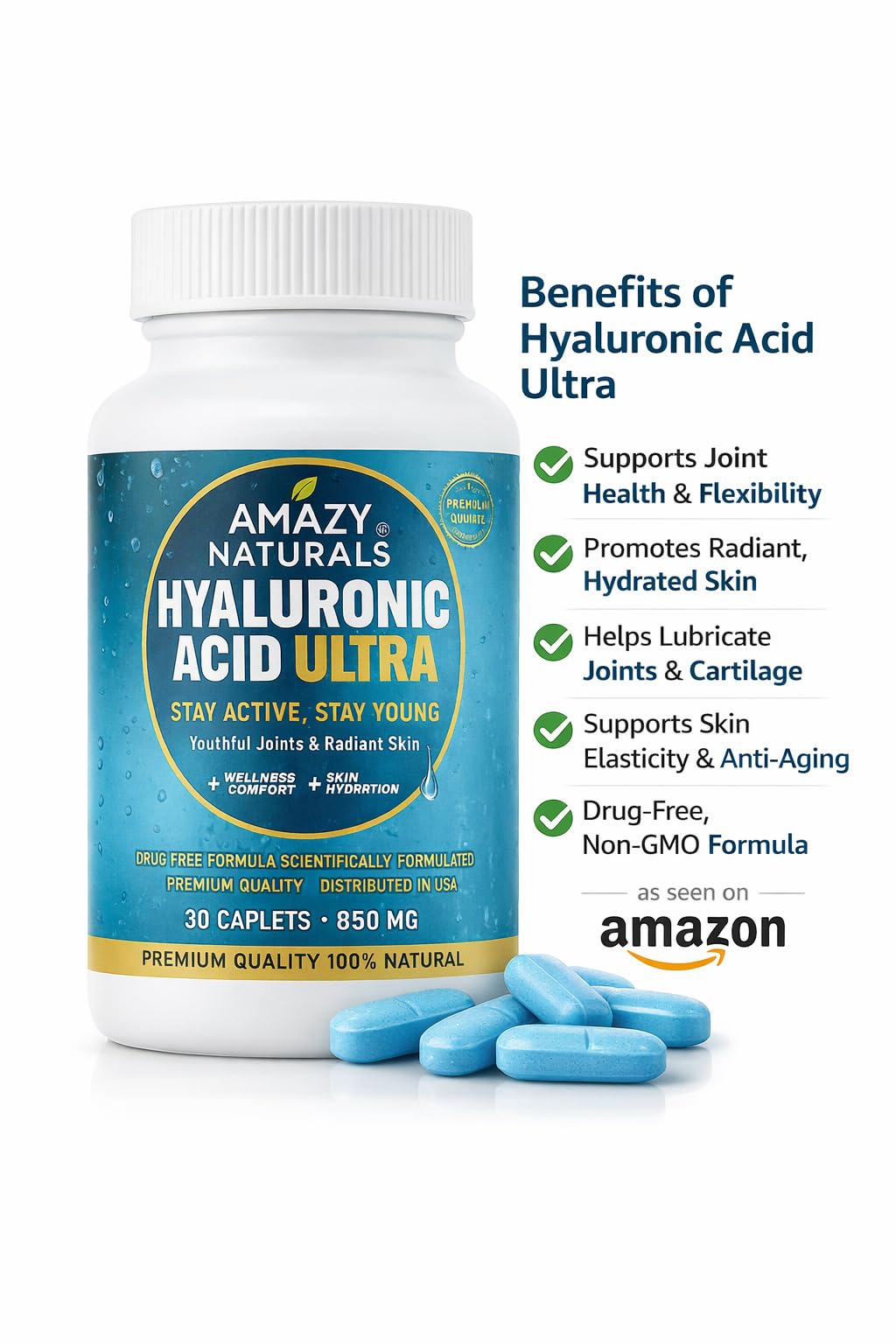 Amazy Naturals Hyaluronic Acid Ultra 850mg Capsules 30 Count