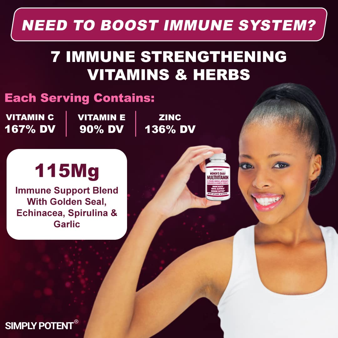 Simply Potent Women's Multivitamin - 37 Vitamins & Minerals with Biotin, Vitamins A C D E B12, Folate, Zinc, Magnesium, Calcium & Green Tea Extract, 60 Capsules