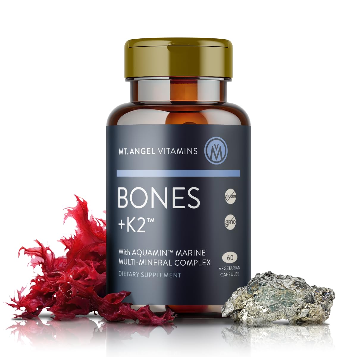 Mt. Angel Vitamins Bones + K2, Comprehensive Bone Support Calcium Supplement, Aquamin 1600 mg, Magnesium, plus trace minerals, Vitamin K2 (MK7), Manganese, Vitamin D3, Boron, 60 Capsules