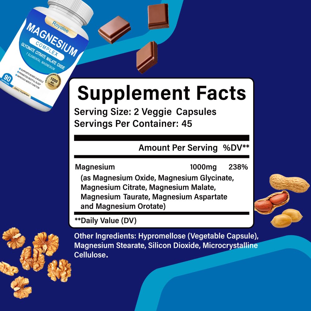 Royalee Magnesium Complex Supplement 1000mg with 7 Magnesium Forms Including Glycinate, Citrate, Malate, Taurate & Orotate Capsule, 90 Capsules