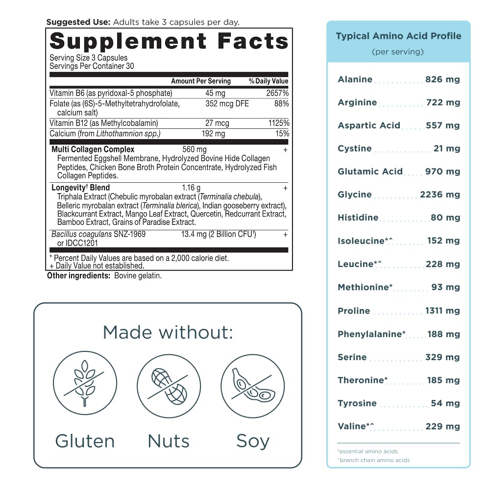 Ancient Nutrition Multi Collagen Advanced Longevity with Probiotics Hydrolyzed Collagen Peptides Capsule 90 Count