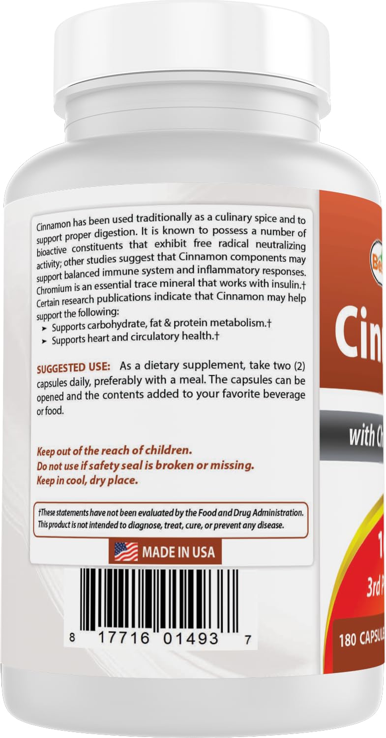 Best Naturals Cinnamon 2000 mg Equivalent with Chromium 400 mcg per Serving - Metabolism Support Capsules 180
