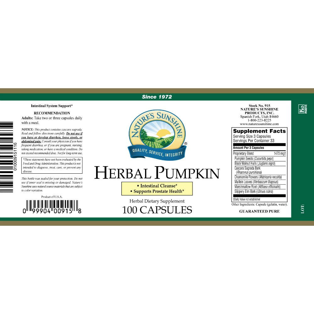 Nature's Sunshine Herbal Pumpkin Capsules 100 Count