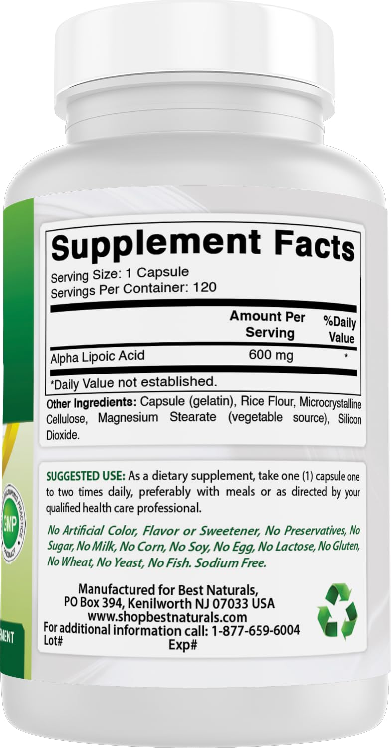 Best Naturals Alpha Lipoic Acid (ALA) 600 mg Capsules, 120 Count