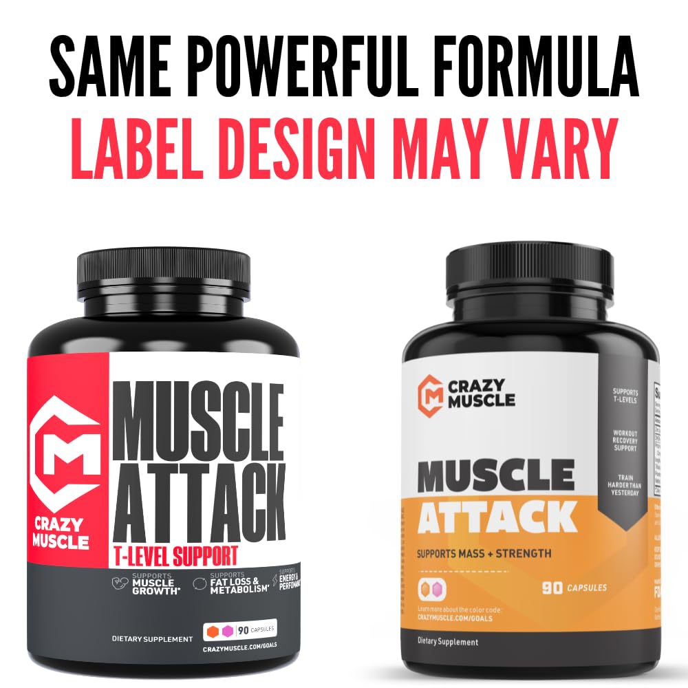 Crazy Muscle Testosterone Booster for Men with DHEA, 100mg, Muscle Attack, 90 Capsules